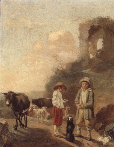 unknow artist A landscape with young boys tending their animals before a set of ruins